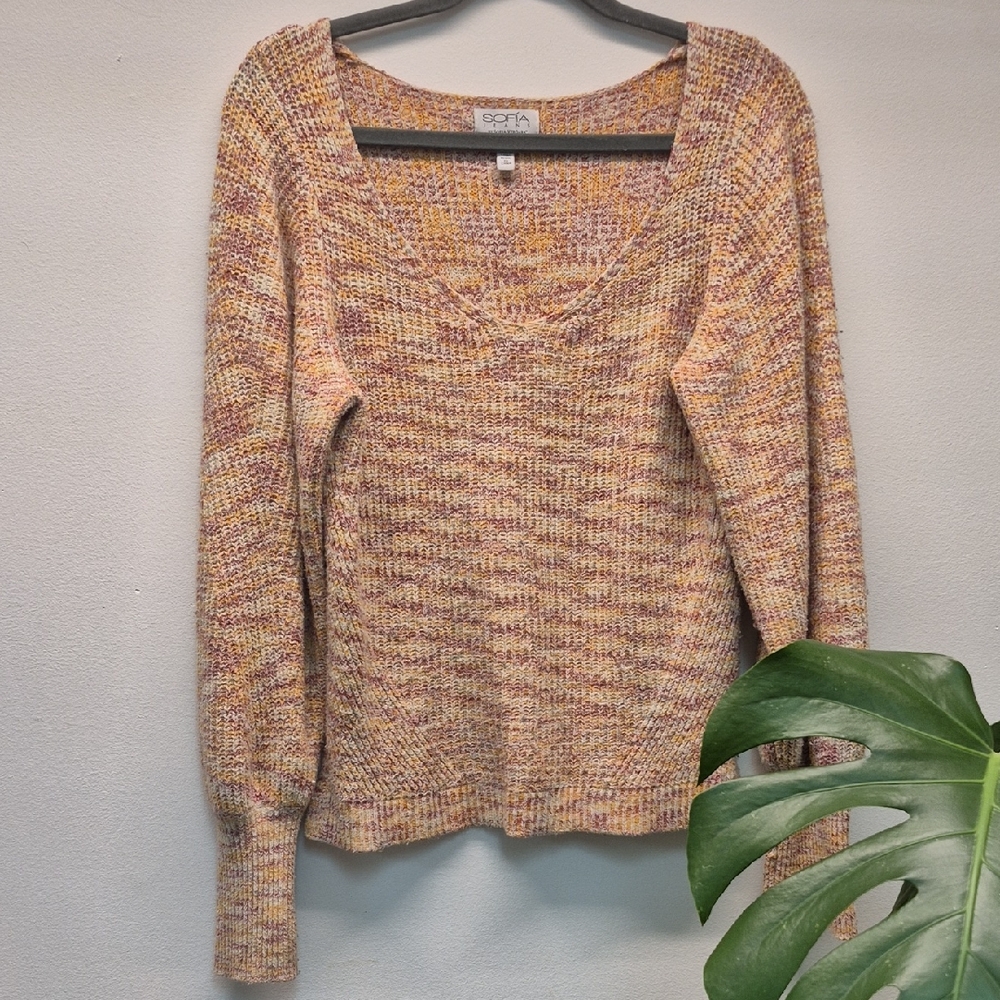 Sofia by Sofia Vergara V-Neck Sweater in Red/Orange and Yellow